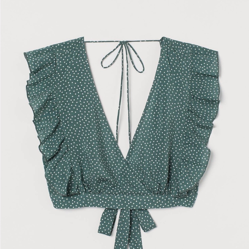 H&M Green Polka Dot Patterned Beach Ruffle Tie Top